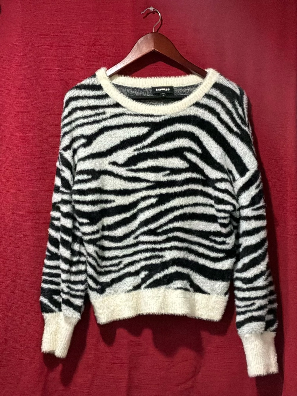 Express Black & White Zebra-Print Fuzzy Crewneck Sweater